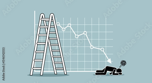 Depressed Figure beside a Falling Graph and a Ladder, symbolizing failure and despair.