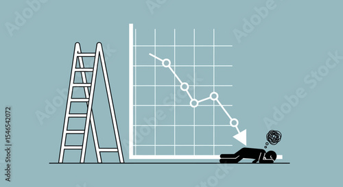 Depressed Stick Figure Lying Down Next to a Declining Graph and Ladder