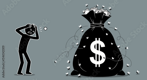Stressed Man Witnessing Money Loss: Flies escaping a large black money bag, symbolizing financial difficulties and a frustrated individual.