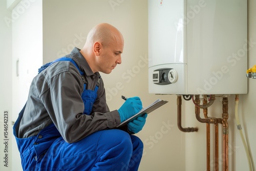 A male technician inspects a home heating boiler and takes notes on a clipboard
