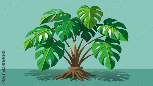 Large monstera deliciosa plant with exposed roots
