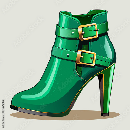 Green patent leather ankle boots with gold buckles