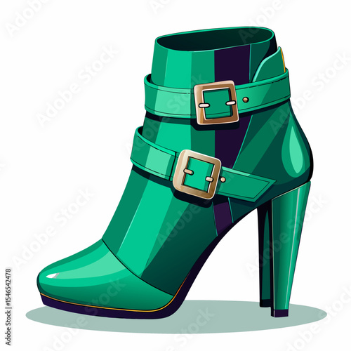 Stylish green patent leather ankle boots with buckles
