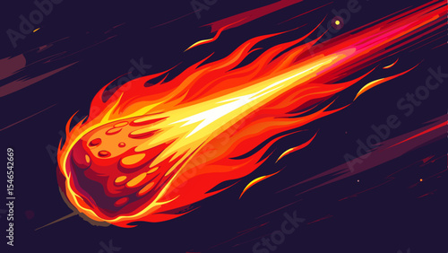 Fiery meteoroid falling through space illustration
