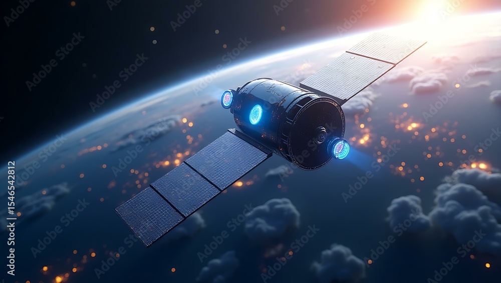 Obraz premium Futuristic satellite orbiting Earth, showcasing advanced technology with glowing lights against a cosmic background.