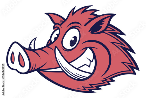 Cartoon boar with tusks shows a toothy grin in red and navy colors