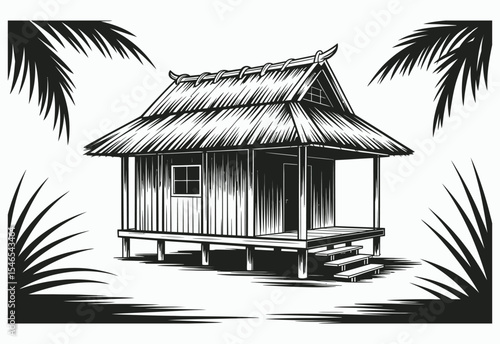 Tropical thatched hut beach house illustration
