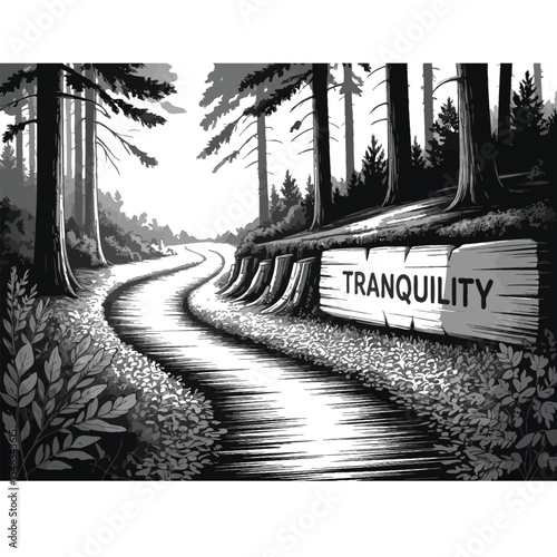 Walking path in a forest with crunchy leaves in black and white vector