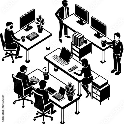 Isometric office scene with people working at desks