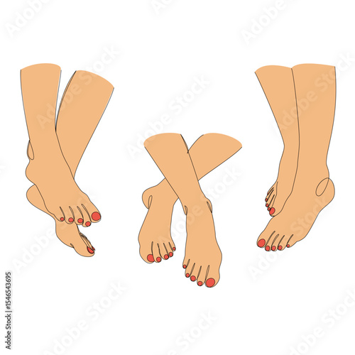 Collection. Silhouettes of human legs, feet in a modern one line style. Continuous line drawing, outline for decoration, posters, wall art, stickers, logo. Vector illustration set