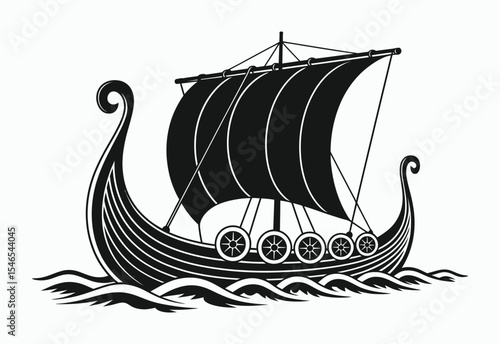 Black and white viking longship sailing on waves