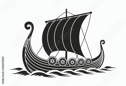 Stylized black and white viking longship illustration