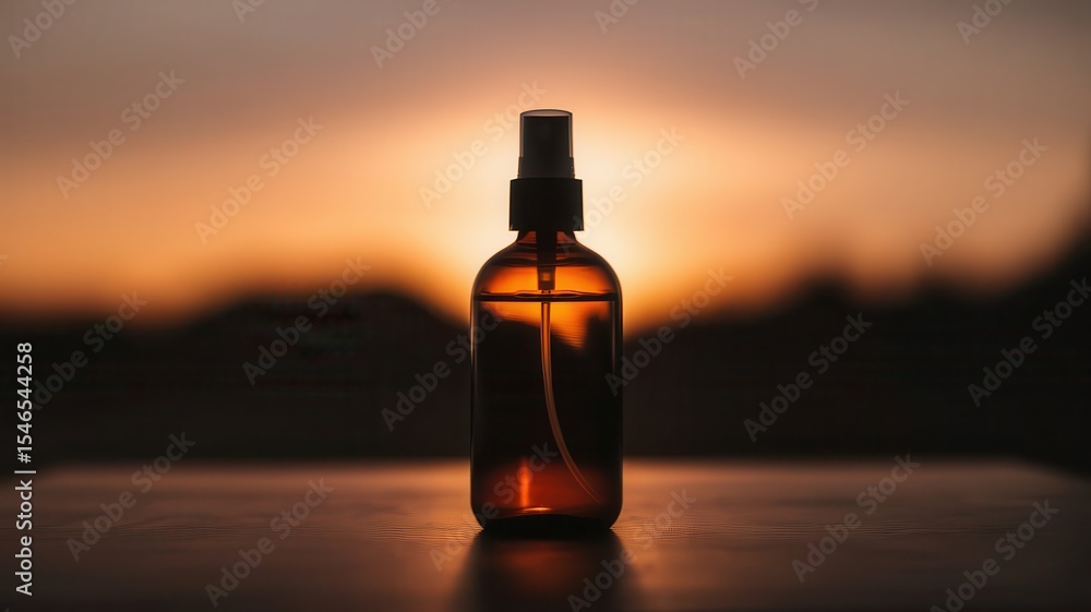 Amber Bottle Silhouette: Serene Sunset Backlight for Wellness Concepts Amber Bottle Silhouette: Serene Sunset Backlight for Wellness Concepts