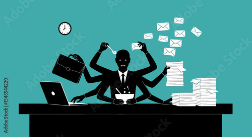 Overworked Businessman with Multiple Arms Juggling Various Tasks, Stressed.
