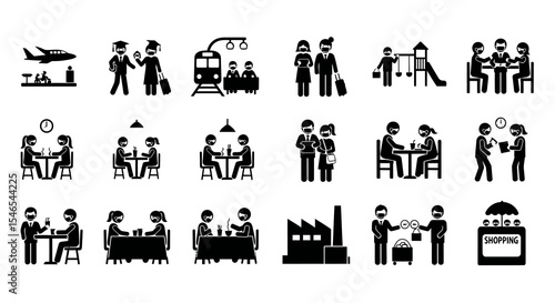 People with Masks in Various Public Settings, Maintaining Social Distancing