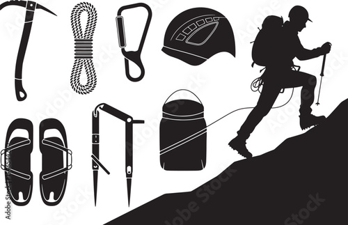 Black Silhouette Climber Hiking Mountain Gear Ice Axe Rope Carabiner Helmet Crampons iceaxe