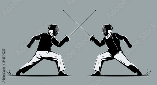 Two Fencers Silhouetted in Action, Crossed Swords, Grey Background