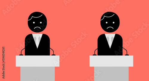 Two Sad Speakers at Podiums in Black Suits and White Ties on Red Background