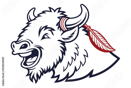 Angry bison head displays traditional feather detail in navy and red hues