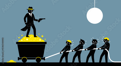 Greedy Gangster Overseeing Gold Mine Workers Pulling Heavy Cart