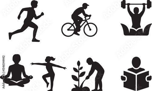 Eight Black Silhouettes Depicting Running Cycling Weightlifting Yoga Dancing Planting and Reading runner