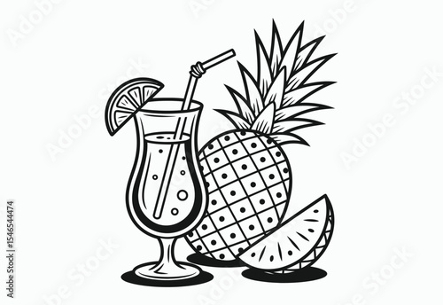 Pineapple juice cocktail drink with lime slice illustration