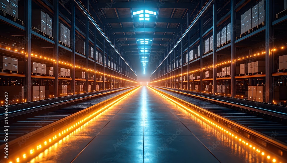 Futuristic Warehouse Interior with Flickering Lights and Conveyor Belts Futuristic Warehouse Interior with Flickering Lights and Conveyor Belts