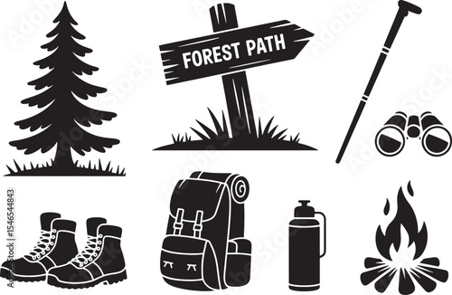 Eight Minimalist Black Silhouettes Hiking Camping Forest Path Sign Tree Boots Backpack Binoculars Walking Stick Fire