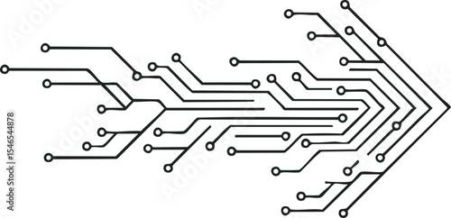 Arrow shaped digital circuit board design symbolizing technology and innovation in black and white vector style 