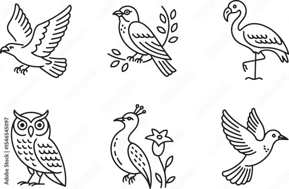 Fototapeta premium Seven Black Line Art Bird Icons Set Eagle Owl Dove Flamingo Peacock Bird Branch birds
