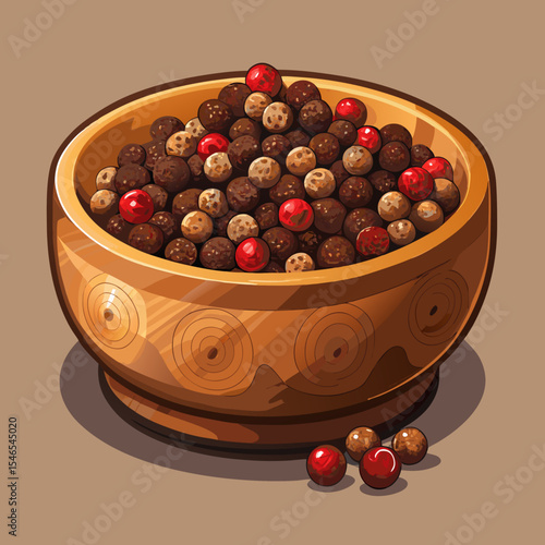 Wooden bowl of mixed peppercorns red black white