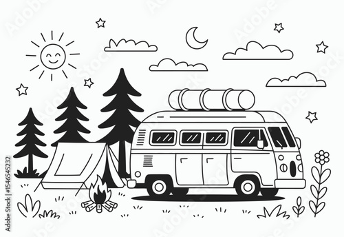 Camping van illustration black and white line art