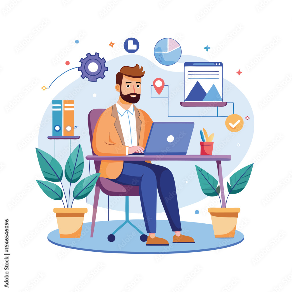 Bearded Man Working on Laptop with Various Business Graphics Illustration Bearded Man Working on Laptop with Various Business Graphics Illustration
