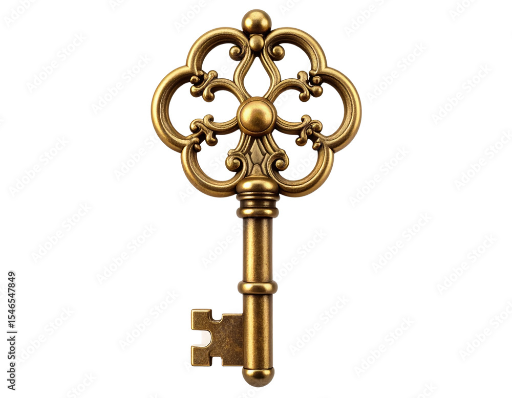 Obraz premium Front View of Ornate Vintage Skeleton Key with Polished Brass Finish, Isolated on Transparent Background