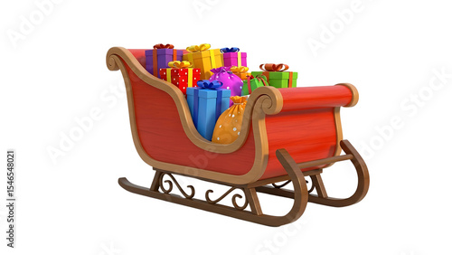 A cartoonish red sleigh overflowing with colorful Christmas presents, ready for delivery.