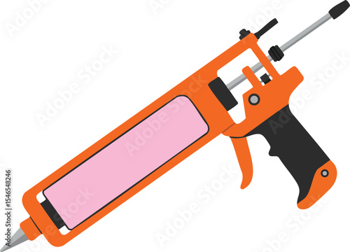 Caulking gun tool with orange body and pink cartridge for sealant application in construction and home repair 