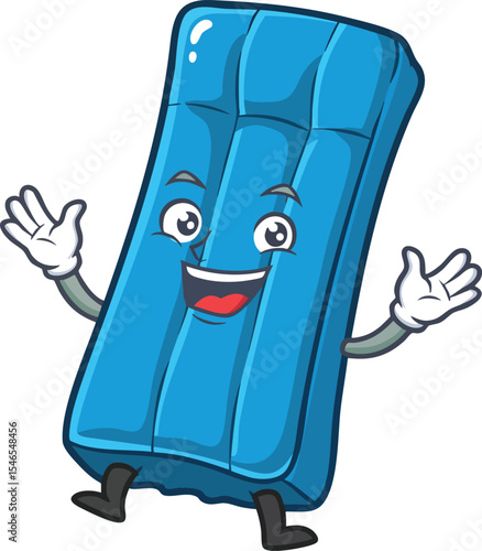 Blue inflatable mattress cartoon character with smiling face and waving hands cheerful friendly design 