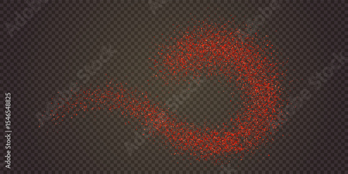 Grainy chilli powder swirl on black table or countertop top view. Grunge pepper texture. Trace of red paprika particles on surface. Vector illustration