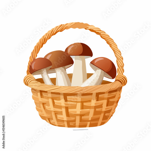 Mushroom basket in the woods: A rustic basket overflows with freshly foraged mushrooms, symbolizing the bounty of nature and the joys of gathering in a serene woodland.