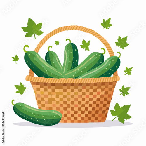Fresh Harvest: An artful illustration showcases a basket overflowing with fresh, vibrant cucumbers and lively green foliage. A celebration of natural freshness and wholesome food.