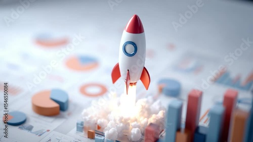 Startup rocket lifting off over financial data