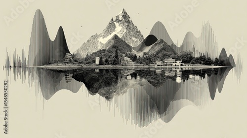 Artistic Representation of Mountains and Sound Waves in Black and White
