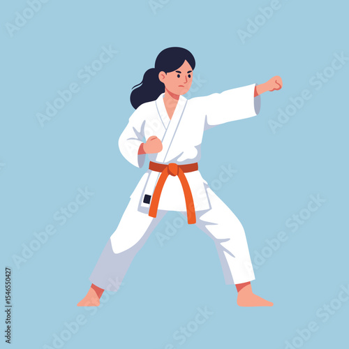 Woman practicing karate martial arts with orange belt in white uniform performing punch on blue background 