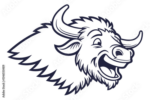 Cartoon buffalo head with a joyful expression and sharp outlines looks energetic and alive