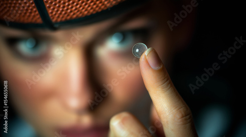 Sportswoman focusing on contact lens while holding basketball  