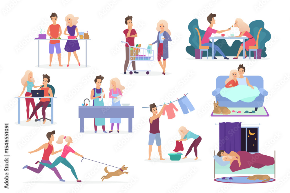 Set of vector loving couple activities. Cooking, shopping products, having dinner, working, relaxing, watching movie, romantic evening together, washing clothes, walking with pet dog, sleeping Set of vector loving couple activities. Cooking, shopping products, having dinner, working, relaxing, watching movie, romantic evening together, washing clothes, walking with pet dog, sleeping