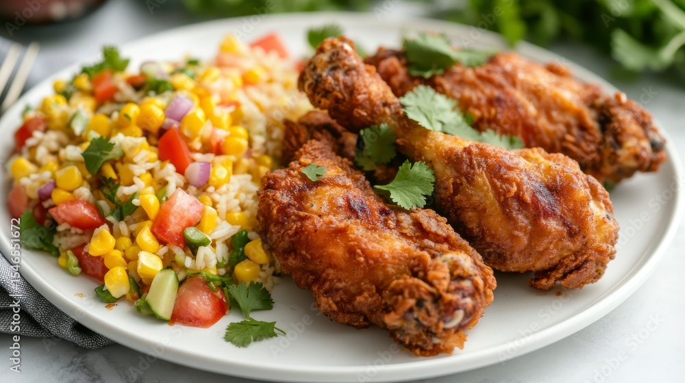Crispy fried chicken drumsticks served with a side of corn and rice salad. Crispy fried chicken drumsticks served with a side of corn and rice salad.