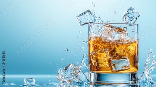 A refreshing shot of a whiskey glass filled with ice, capturing the dynamic splash of water, symbolizing relaxation, enjoyment, and richness in flavor and presentation.