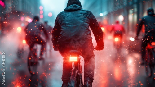 A dramatic scene of a cyclist navigating through a rain-soaked city street illuminated by lights, evoking feelings of adventure, resilience, and urban life.