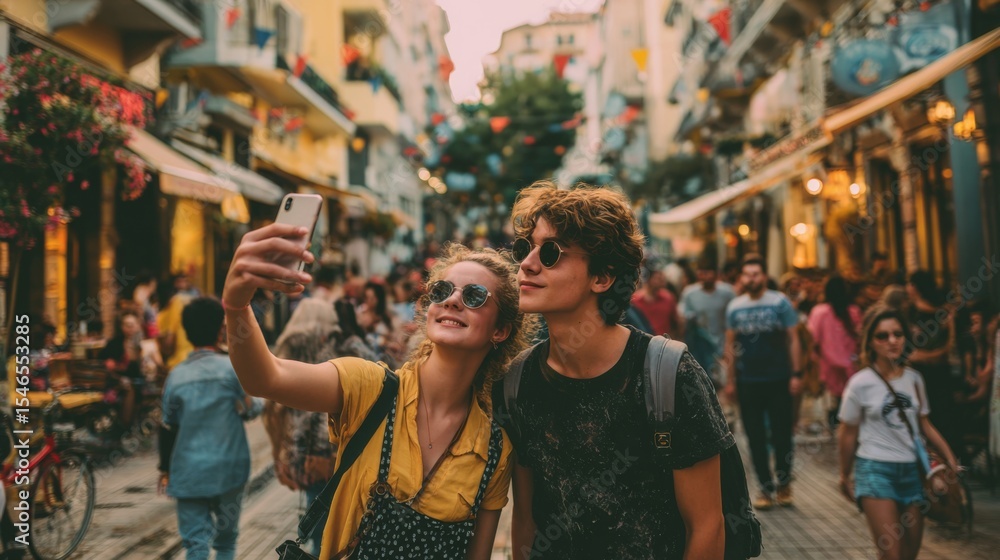 Fototapeta premium A young couple taking selfies while walking through a lively downtown street